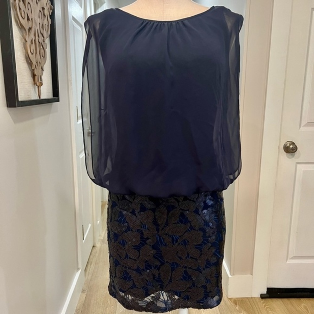 Aidan Aidan Mattox Navy Cocktail Dress with Sheer Flatter Top and Sequined Skirt - Picture 3 of 16